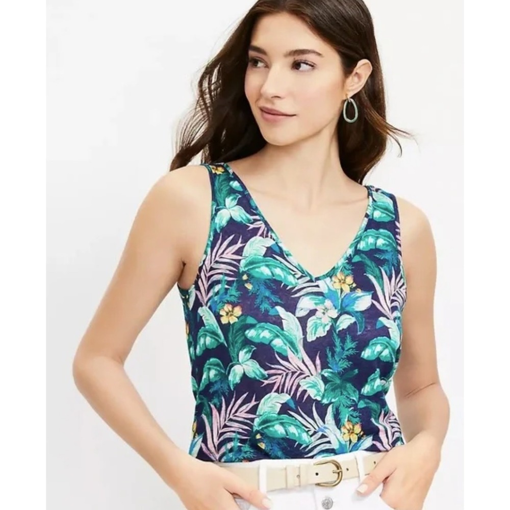 LOFT Linen Tropical Floral V-Neck Tank Top Navy Blue Green Pink Womens Size M
